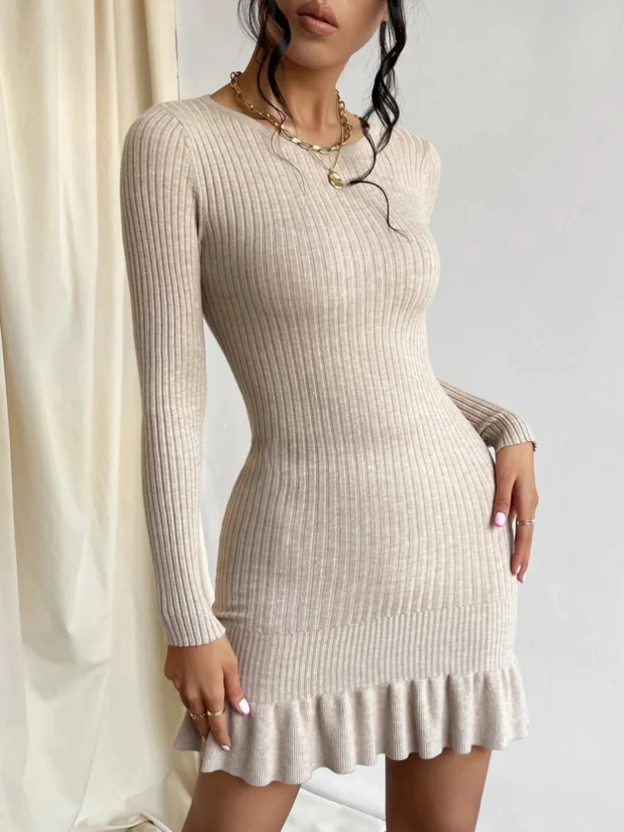 Long Sleeved Ribbed Knitted Sweater Dresses for Women High Waist Curve Dress Autumn Elegant Ruffles Party Vestidos Cozy 2024 New