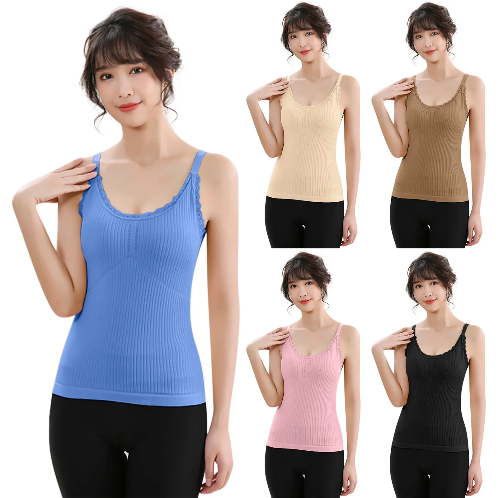 Winter sleeveless thermal double-layer tank top women's U-neck slim solid color built-in chest pad large tank top underwear