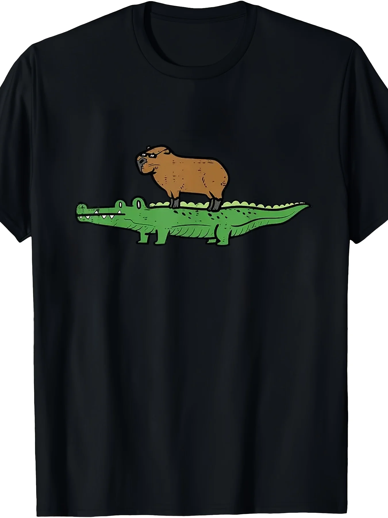 Unique Capybara Riding An Alligator Graphic T-Shirt Short-Sleeve Round-Neck Casual Tee Suitable for Adults Machine Washable