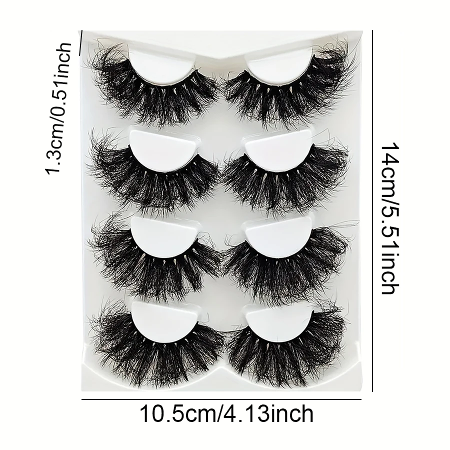 4 paia di ciglia finte soffici e voluminose di alta qualità, che mostrano ciglia accattivanti, disordinate e dall'aspetto spesso