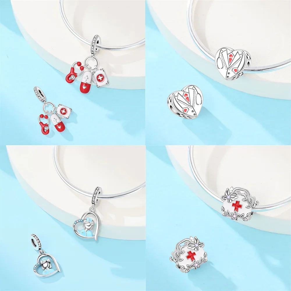 Original Charms 925 Sterling Silver Beads Fit Bracelets Bag Keychain Charms Diy Women Gift Nurse Doctor Medical Element Jewelry