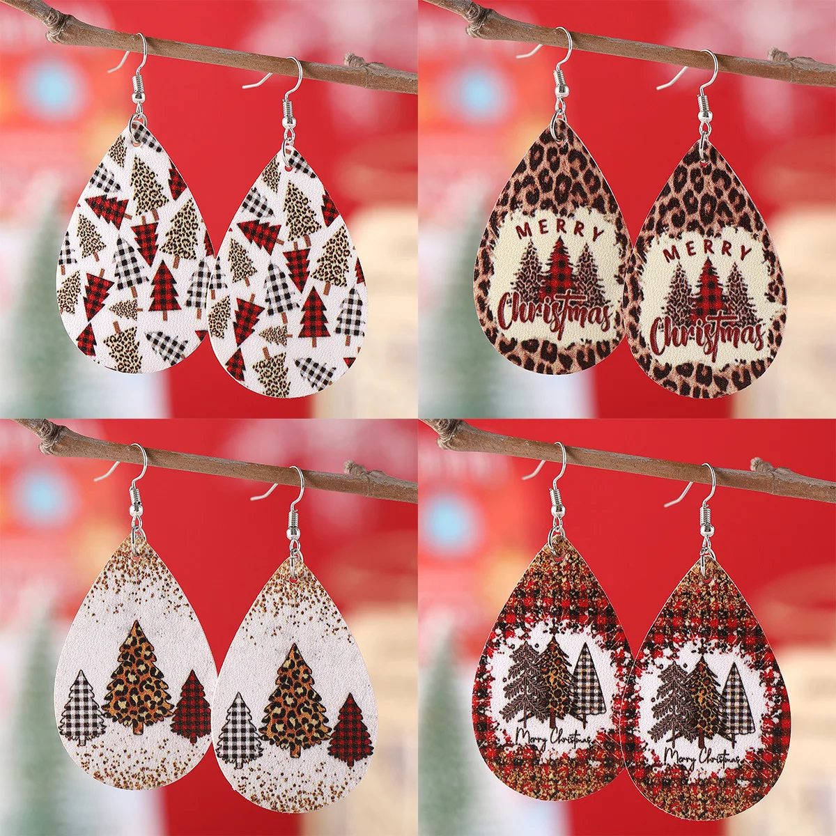 Amazon's new Christmas leopard print plaid Christmas tree water drop pendant earrings PU leather double-sided earri
