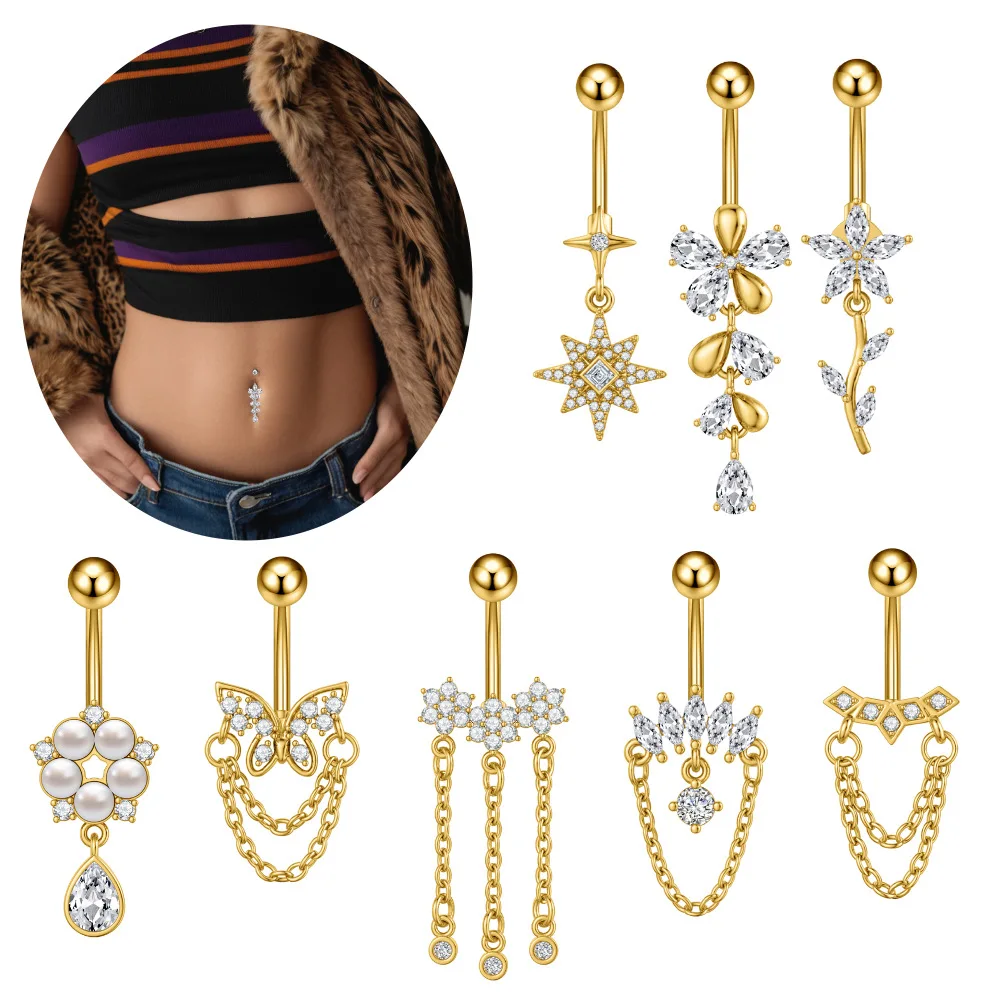 

8pcs Cubic Zircon Butterfly Flower Belly Button Ring Dangle Chain Barbell Navel Piercing Jewelry 14G