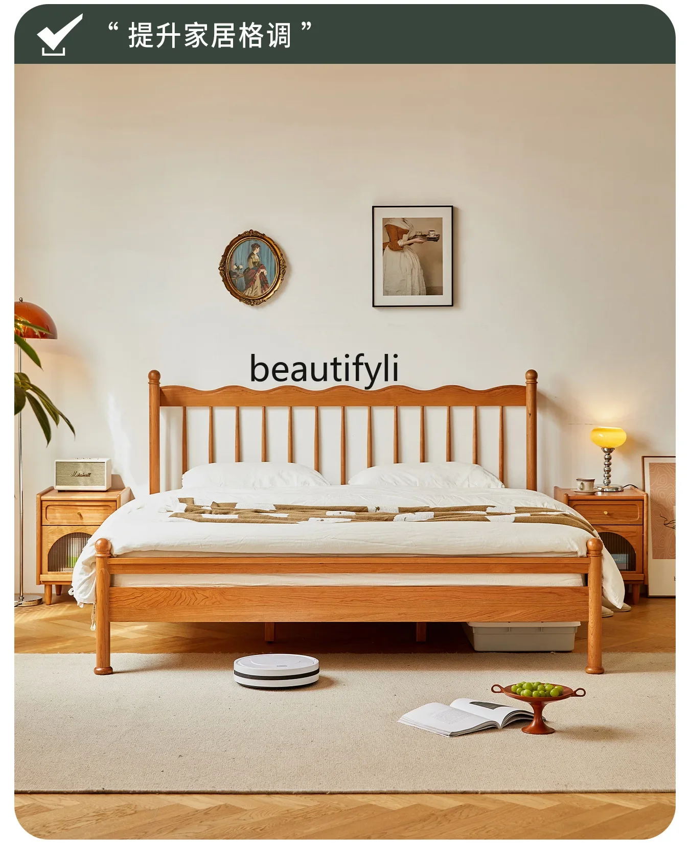 Nordic Retro Full Cherrywood Double Bed Xiaoye Windsor Cherrywood Horizontal Furniture Removable and Washable Soft Bag