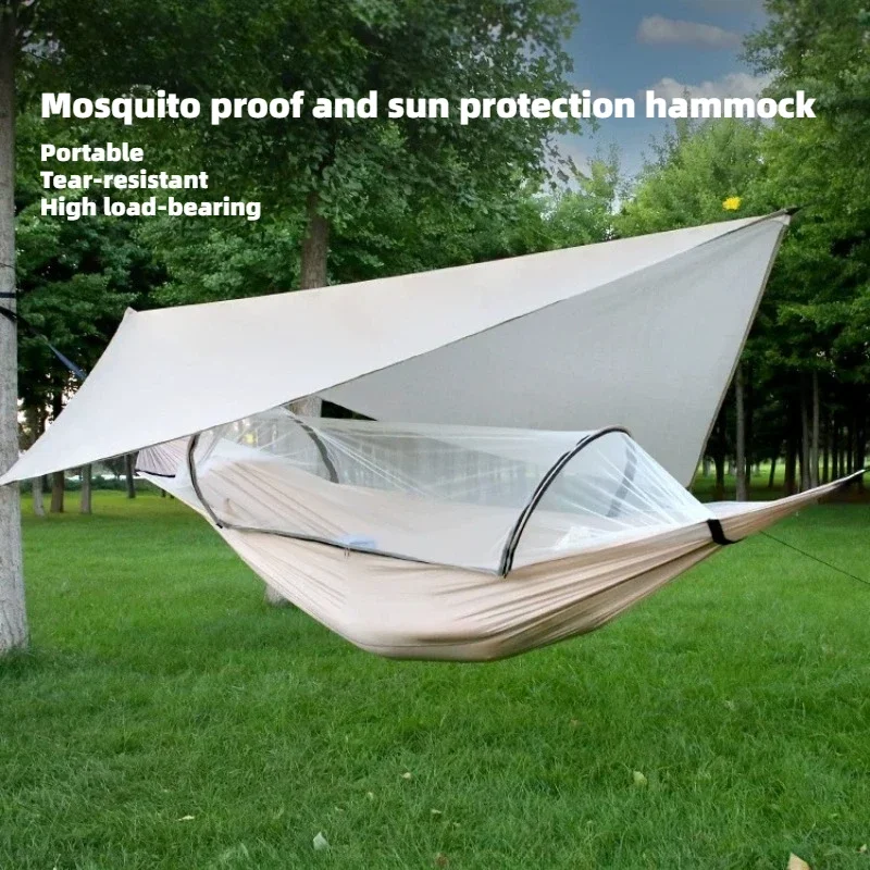 Solid Color Sunscreen and Shade Swing Bed Family Camping Lawn Rest Safety Hammocks Foldable for Portable Use Sun Loungers 1pcs