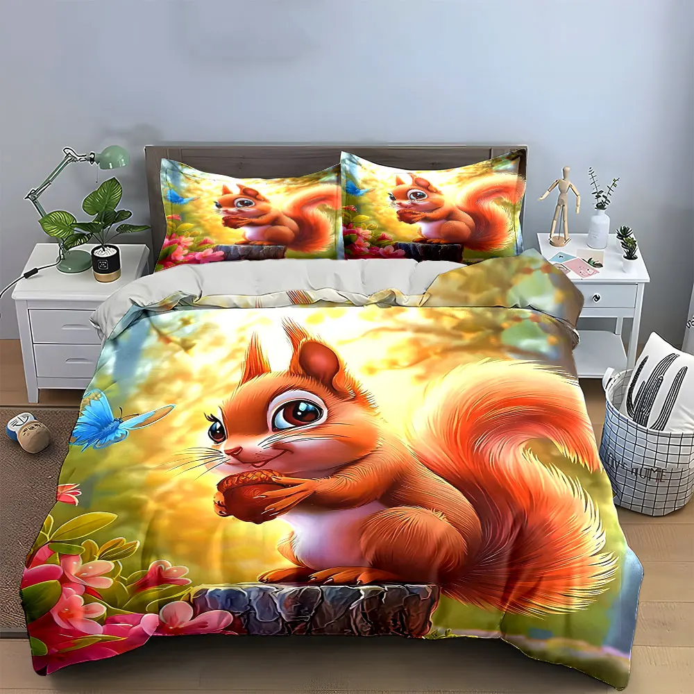 

Adorable Squirrel Nature Decor Set Bedding Set with 1 Duvet Cover 2 Pillowcases Single Double King Queen, Gift