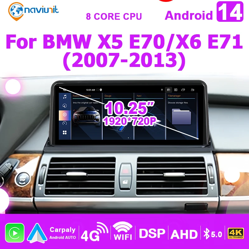 12.5'' screen Wireless Carplay Android 14 Auto Car Radio FOR BMW X5 E70 X6 E71 2007-2013 Bluetooth 2DIN Stereo Multimedia Player