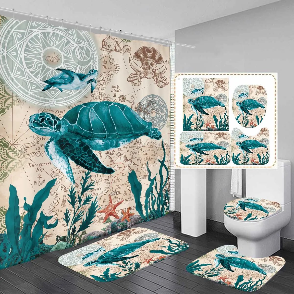 

Sea Turtle Shower Curtain Set Non-Slip Rugs Toilet Lid Cover Bath Mat Nautical Ocean Bathroom Curtains Durable Waterproof