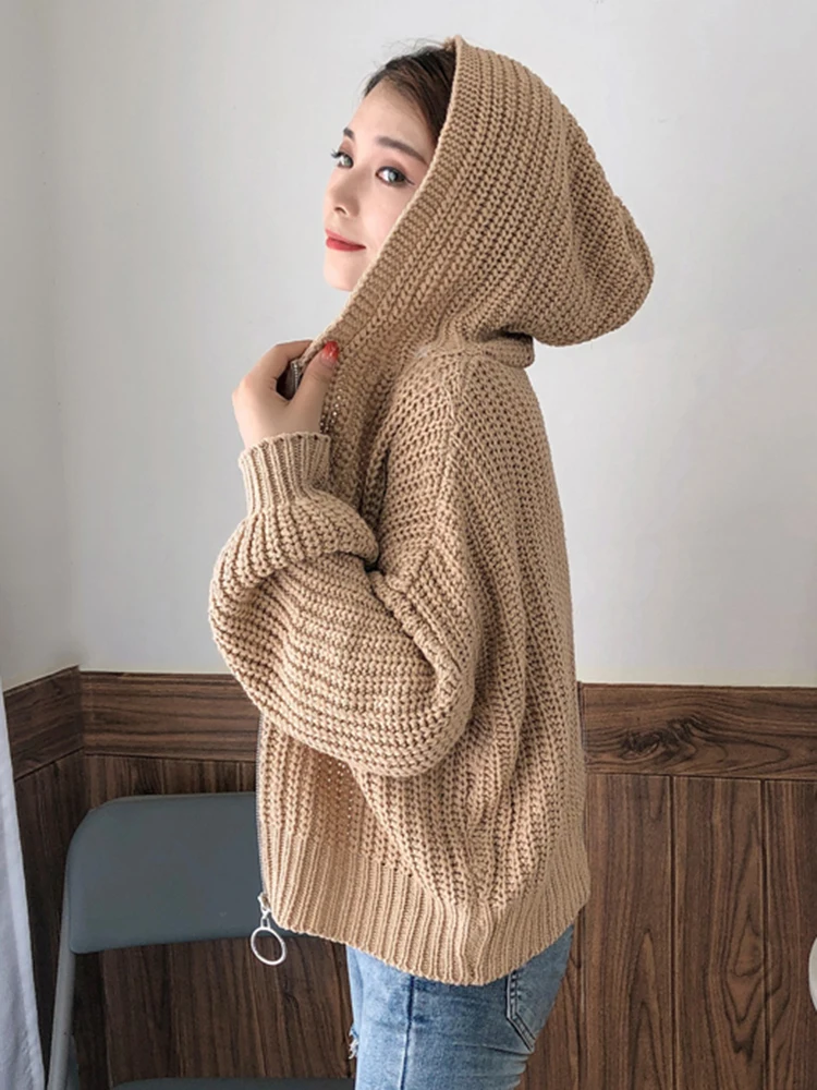 Hooded Zipper Knitted Women Cardigans Sweater Loose Long Sleeve Cardigan Sweaters for Woman Autumn Winter Casual Solid Knitwear