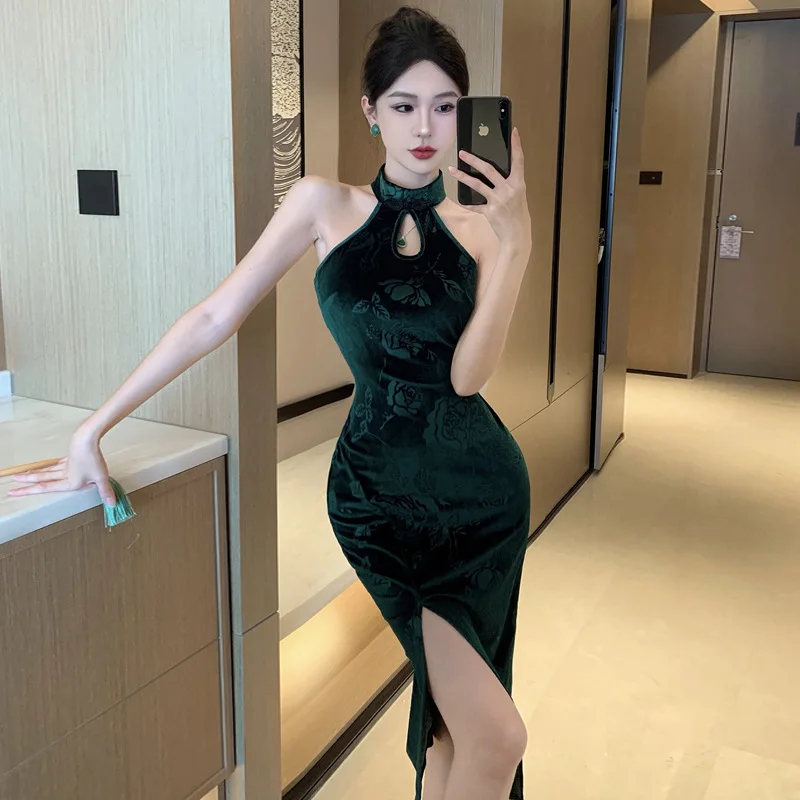 Vintage Green Print Cheongsam New Chinese Style Velvet Dress Sexy Split Vestidos Lady Autumn Dresses Hollow Out Qipao Vestidos