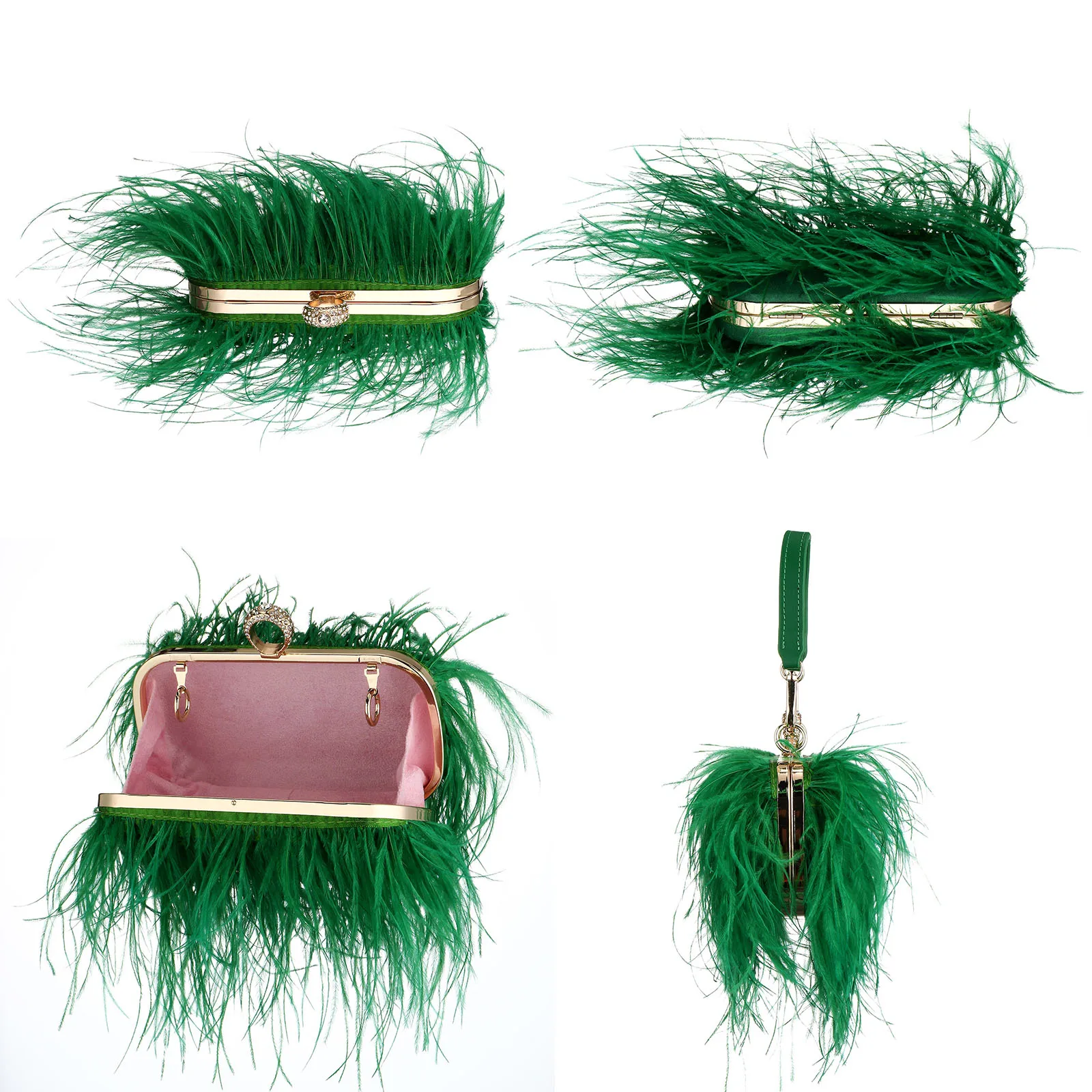 Luxury Ostrich Feather Evening Bags for Women 2024 Chain Shoulder Crossbody Bag Tassel Party Clutch Purse Green Wedding Handbags