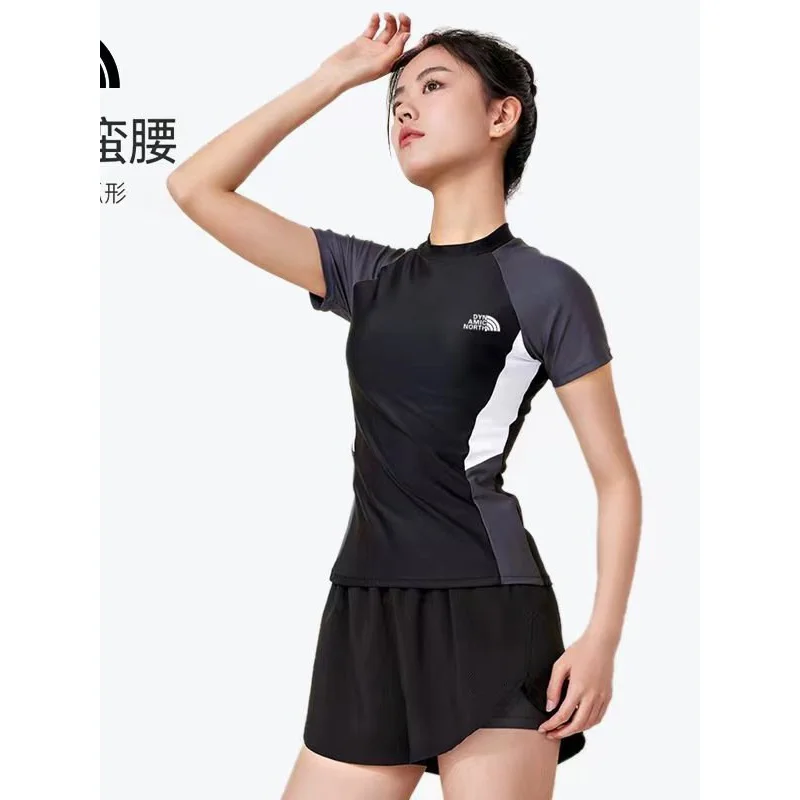 

Minsu New Two-Piece Sports Swimsuit Solid Color Short Sleeve Shorts Double Layer Conservative Safe Swimming Pool Water Park Nylo