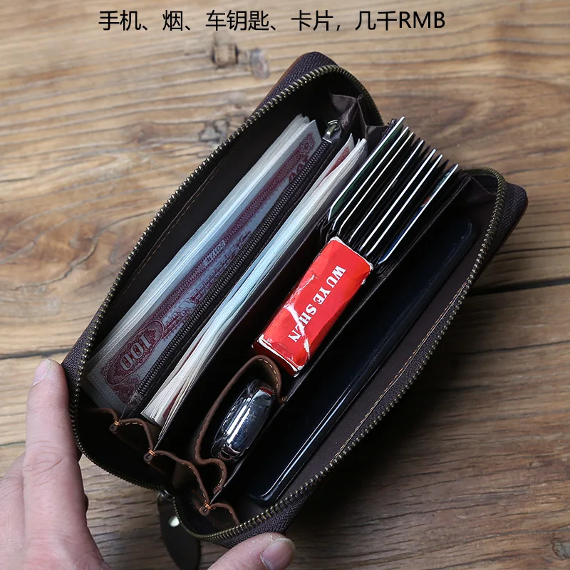 NZPJ Vintage Herren Lange Leder Geldbörse Crazy Horse Leder Handytasche Natürliches Rindsleder Clutch Bag Multifunktionale Geldbörse Kartentasche – Detail 15