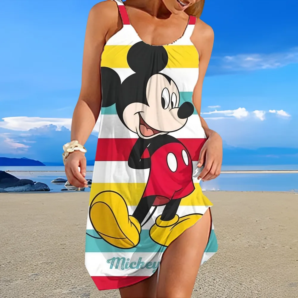 

Disney Bohemian Style Seaside Casual Round Neck Suspender Dress Women's Cartoon Pattern Printed Loose Knee-length Beach Skirt