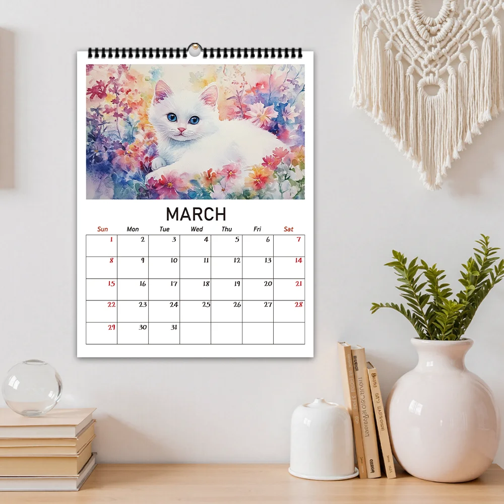 1 unidad, calendario de pared serie gato floral pintado a mano 2026, serie gato, 12 diseños, calendario de pared, cumpleaños, Navidad, regalo de Año Nuevo