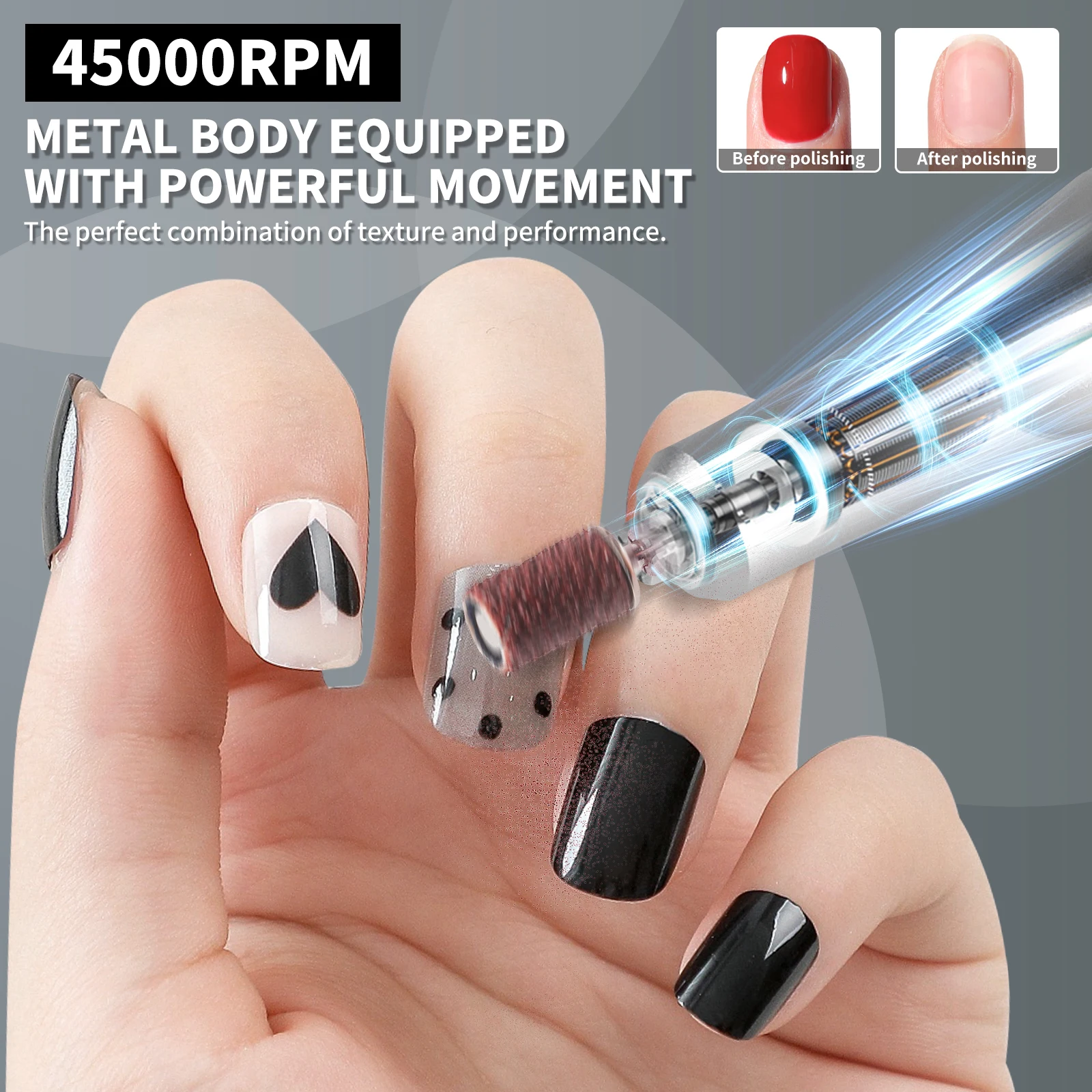 Lime à ongles électrique professionnelle 45000 tr/min, Machine à polir les ongles, Rechargeable, ponceuse à ongles à faible bruit, pour Salon de manucure