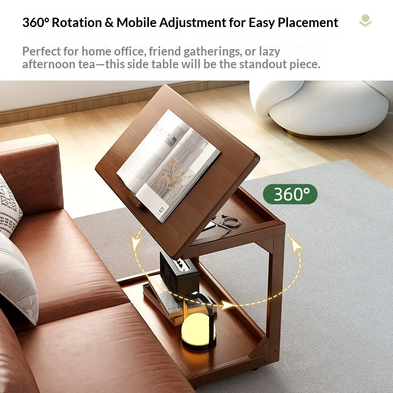 Coffee Solid Wood C Shaped Coffee Table Mobile Side Rolling Wheels Adjustable Height Sofa Bedside