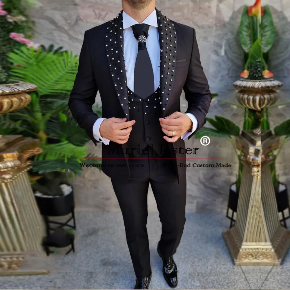 Handmade Beading Stone Suit Men For Wedding Single Breasted Jacket Vest Pants 3 Pcs Groom Tuxedos Prom Blazer Trajes De Hombre