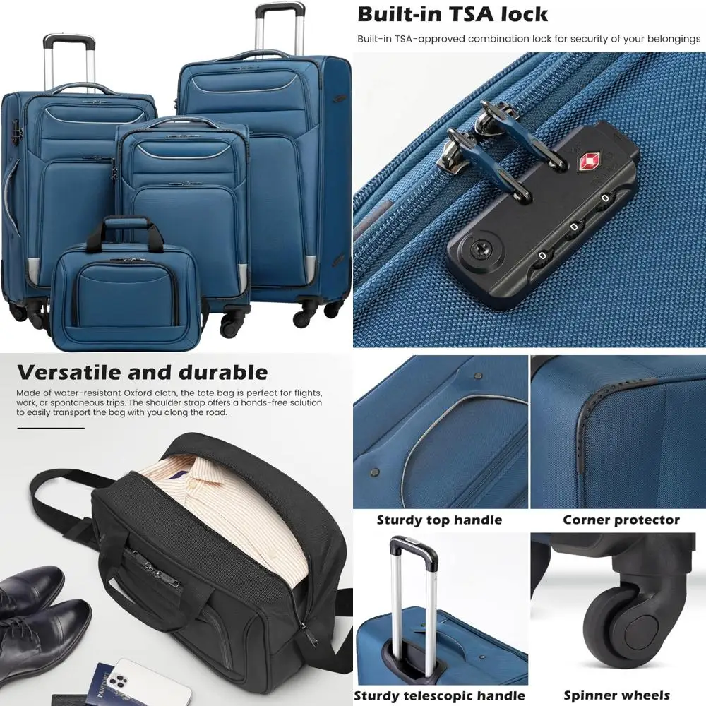 

4 piece luggage set with spinner wheels, tsa lock, soft shell, lightweight - blue and silver