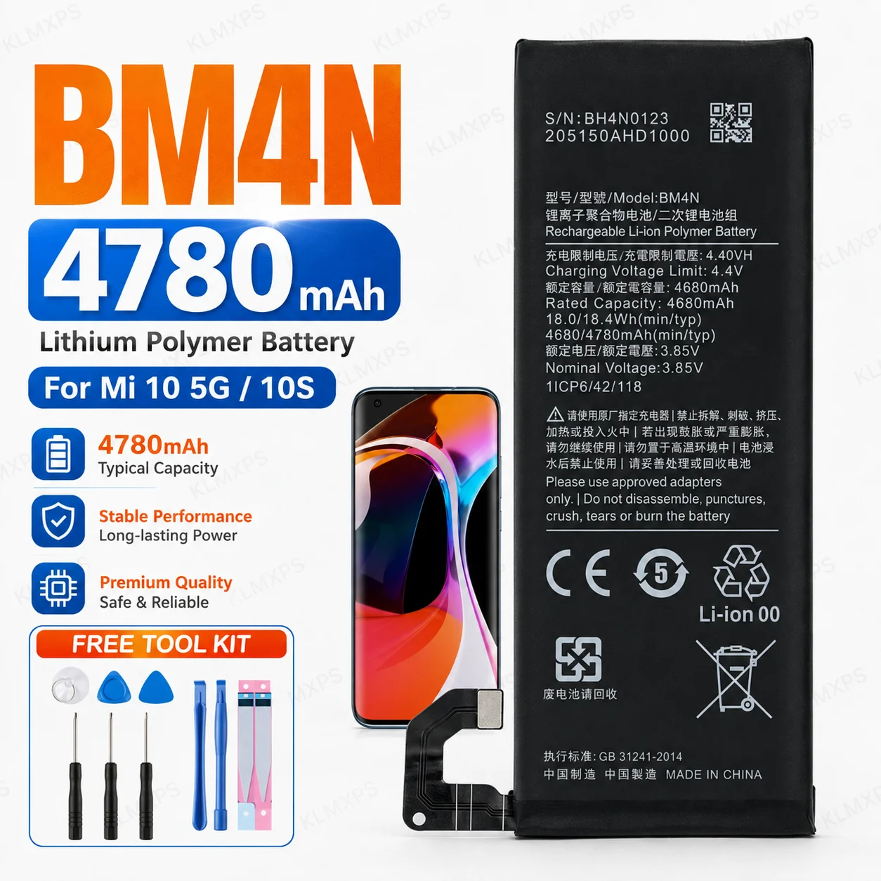 Premium Replacement Battery BM4N 4680mAh For Xiaomi Mi 10 5G Mobile Phone Repair Battery With Free Tool Kit Spare Parts Set