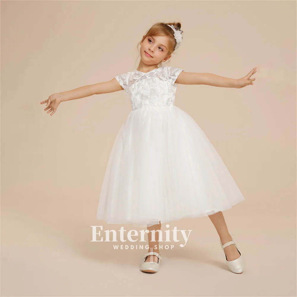 Customized Flower Girl Dress A Line Scoop Neck Girls Elegant Dress Tea-Length Lace Tulle Bow Wedding Dresses Vestidos Para Niñas