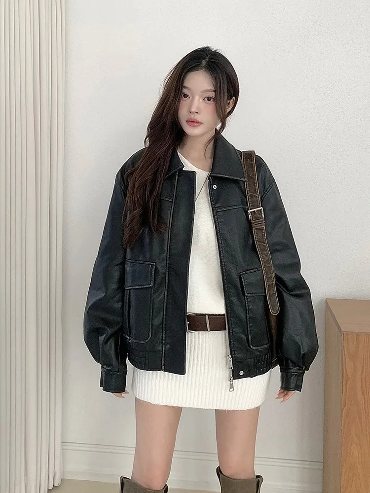 Jaqueta de Couro Marrom Retro Americana para Mulheres, Estilo Chic de Outono/Inverno, Nova Moda de Hong Kong, Jaqueta de Cour...