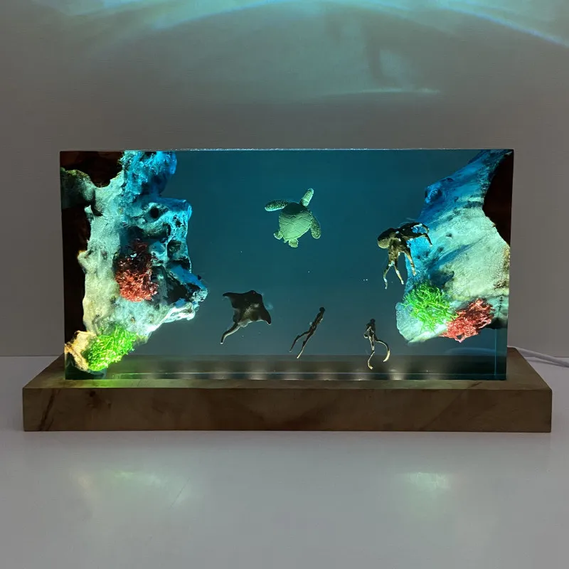 

Aquatic World Home Decorative Artwork Craftpiece Solid Wood Resin Lamp Desktop Decor Item Sculpture Gift