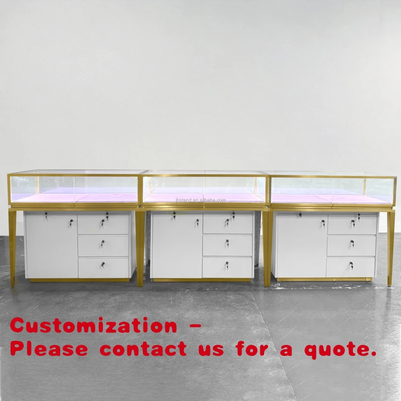 custom.Custom Luxury Jewellery Store Display Showcase Furniture Modern Gold Stainless Steel Glass LED Jewelry Display
