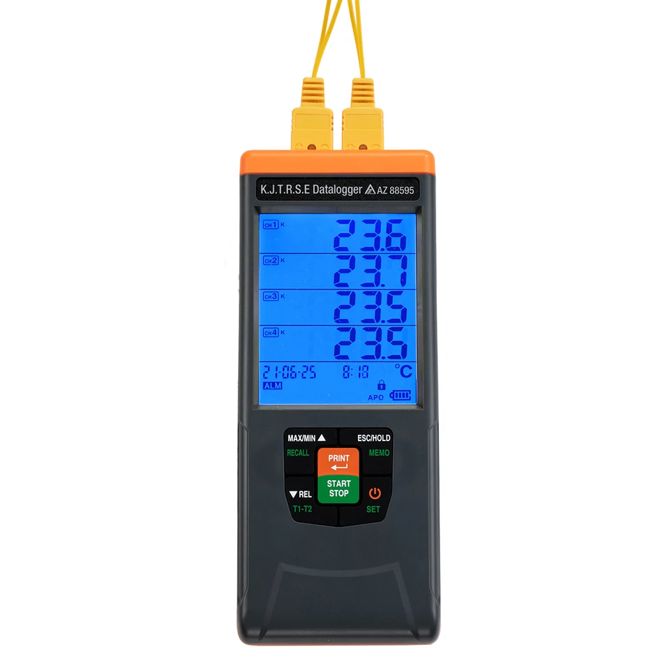 

AZ88595 High-precision 4-channel K/J/T/R/S/E Type Thermocouple Temperature Recorder Backlight Display Read Value Locking Auto