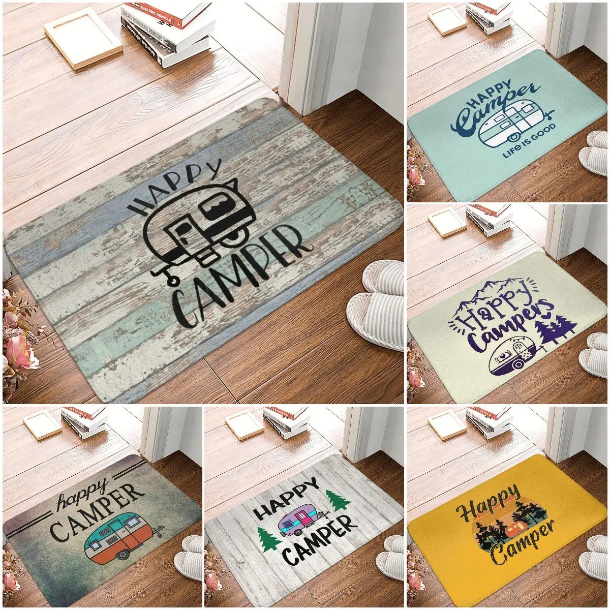 

Happy Camper Doormat Anti Slip Door Mat Carpet Rugs Funny Indoor Bedroom Kitchen Bath Floormat Entrance Camp Welcome Door Mat