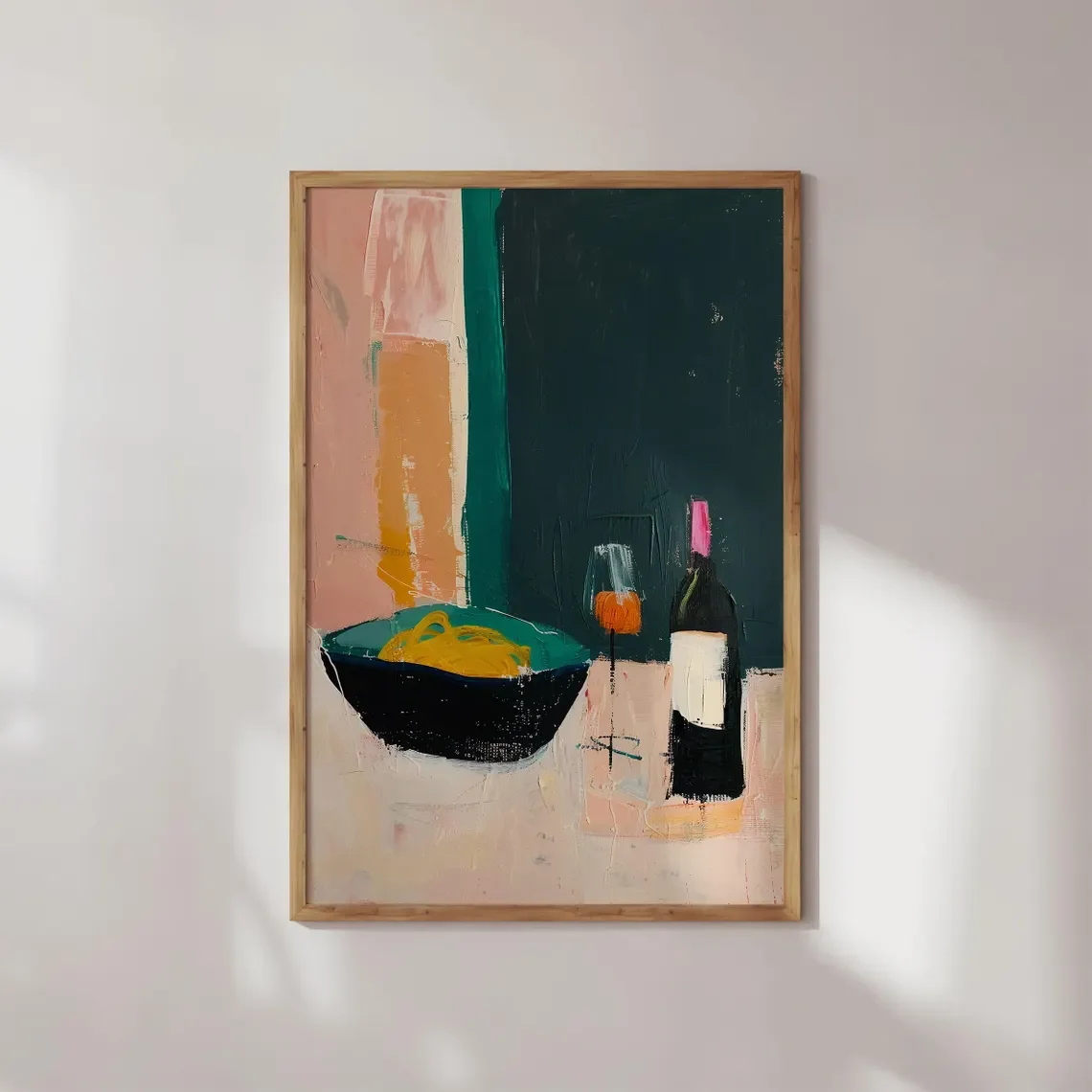 Tableau mural représentant une nature morte de dîner italien chaleureux - Impression accueillante célébrant la joie de la nourriture et du vin. Les riches contrastes de couleurs et le texte