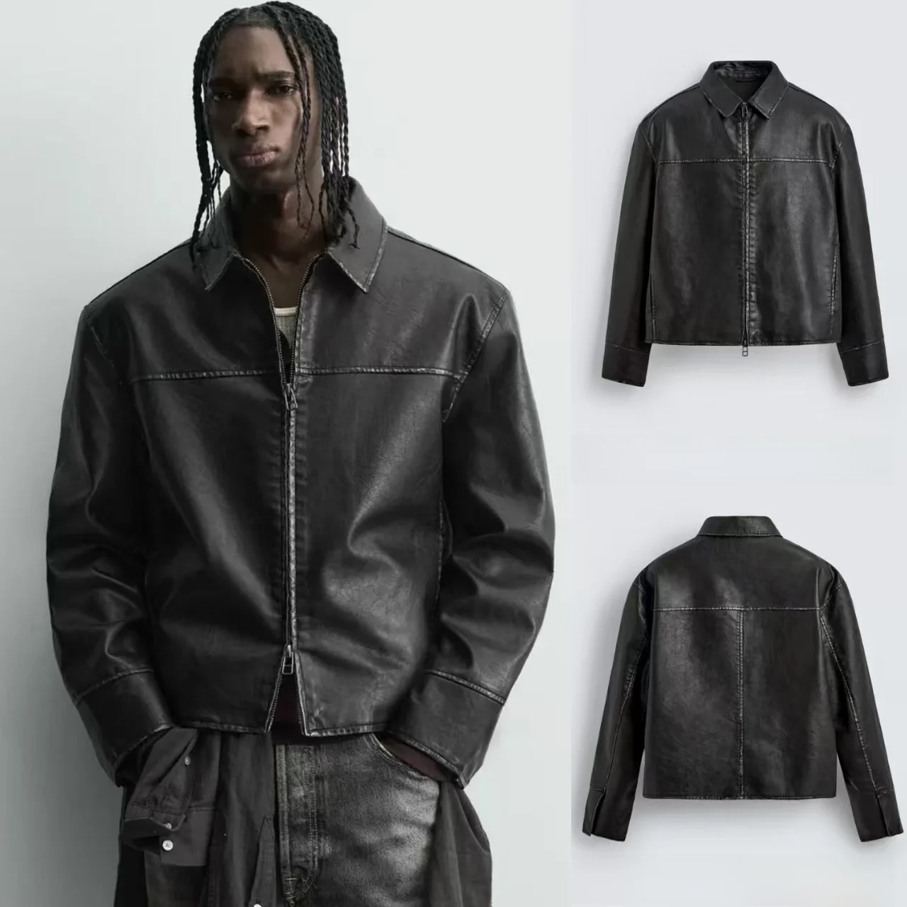 Retro Washed Faux Leather Zipper Jacket Men's Loose Fit Spring 2026 New Arrival Casual Style Windproof Long Sleeve Coat