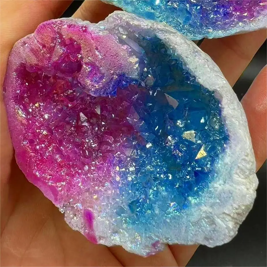1PC Natural Agate Plated/Electroplated Cornucopia Crystal Cave Raw Stone Bare Stone Display Mineral Specimen Decoration Fortune