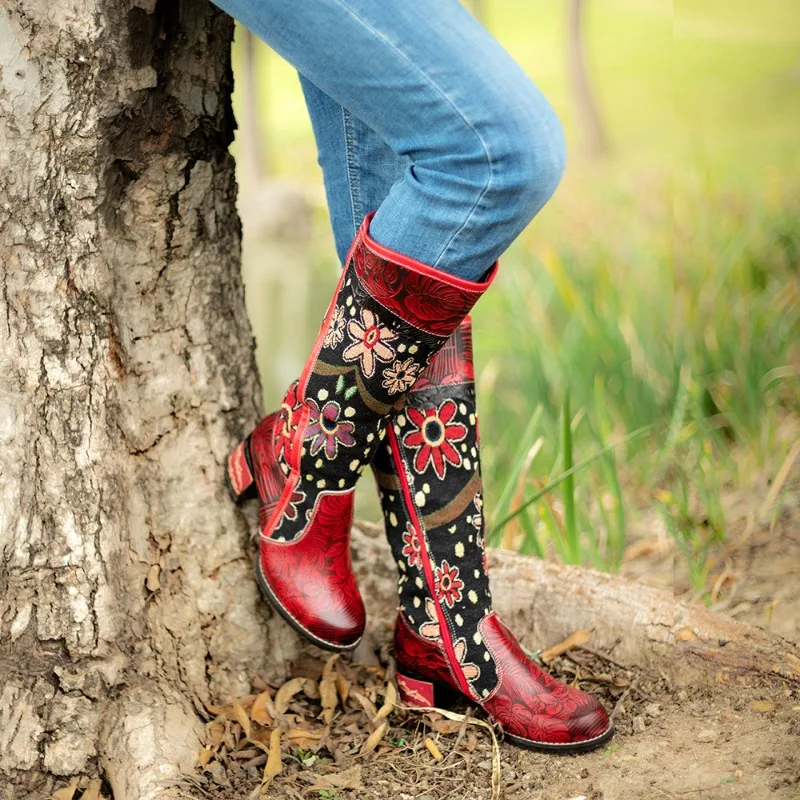 

High Boots Knee-High ZlP Genuine leather flowers Ethnic Retro Women Shoes Winter Long Boots