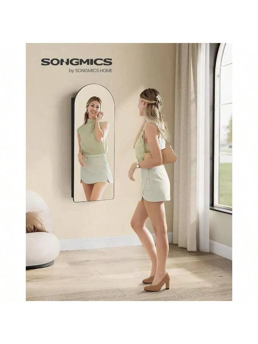 SONGMICS Wide Jewelry Organizer, LED Jewelry Cabinet Wall/Door Mounted, Arched Mirror with Storage, Lockable, Rounded Corner