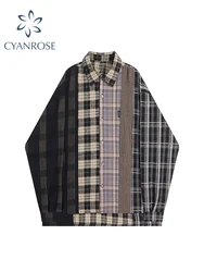 Vintage Patchwork Plaid Shirts Women Autumn Long Sleeve Oversize Button Up Shirt Korean Fashion Casual Fall Outwear Tops 2022