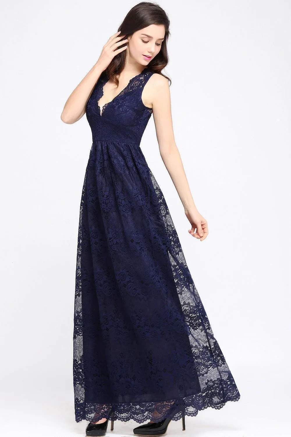 BABYONLINE Vestidos de noche de encaje floral, vestidos de fiesta sin mangas con cuello en V y falda hasta el suelo para fiesta de boda