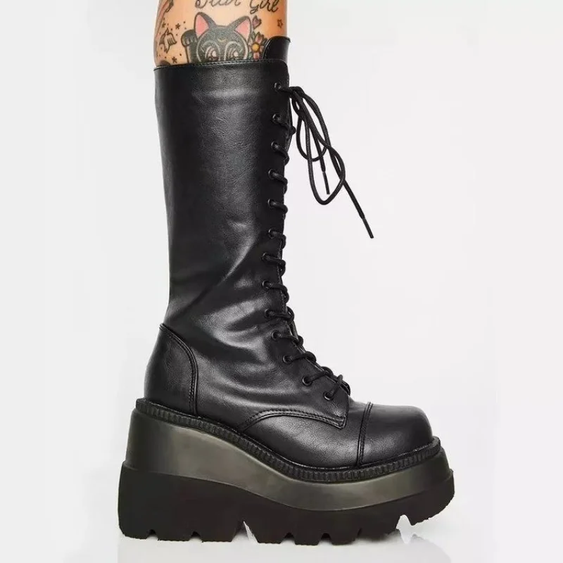 Punk Style jesienne buty zimowe elastyczne buty z mikrofibry kobieta botki wysokie obcasy czarne grube platformy długie buty do kolan