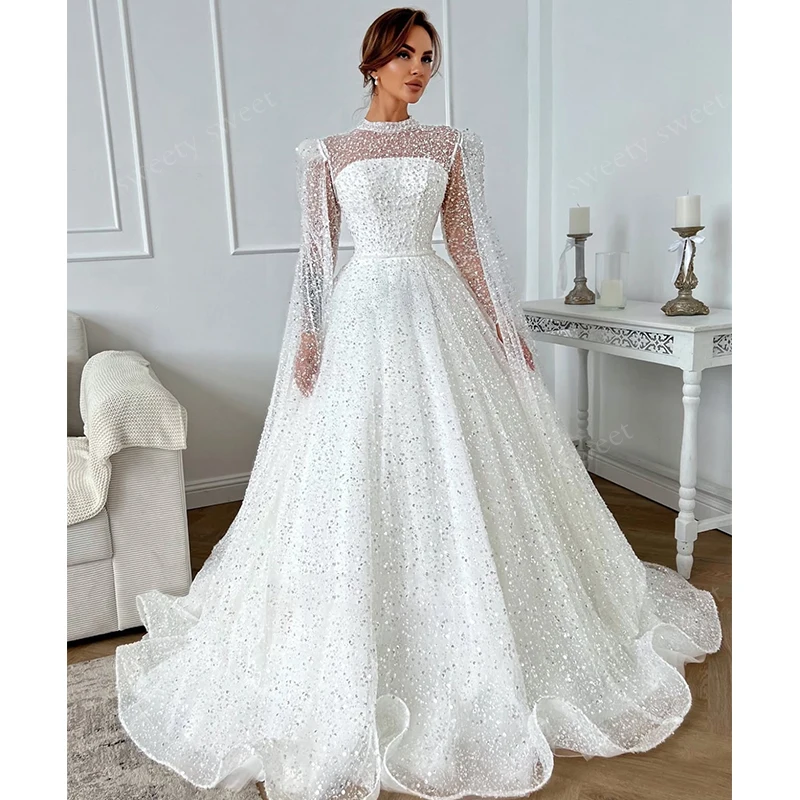 

Luxurious Wedding Dress Fully Beaded A-Line Ball Gown High-Neck Full Sleeve Customized Bride Dress Vestido De Novia Button Shawl
