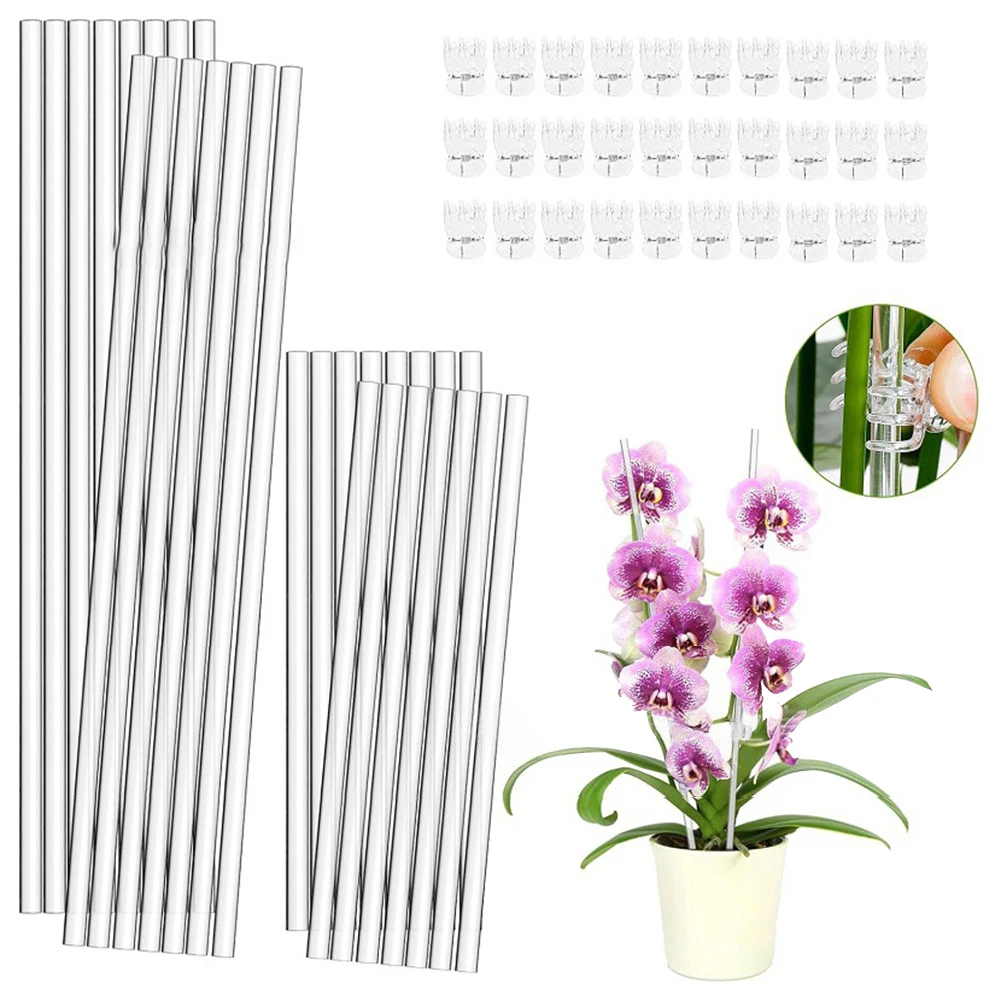 

30 Transparent Acrylic Orchid Support Stakes with Clips for Delicate Stem Support and For Healthy Plant Growth