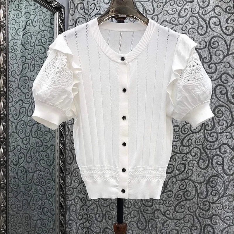 

Top Quality New 2024 Autumn Winter Sweaters Women Crochet Lace Embroidery Patchwork Short Sleeve Casual White Dark Blue Jumpers