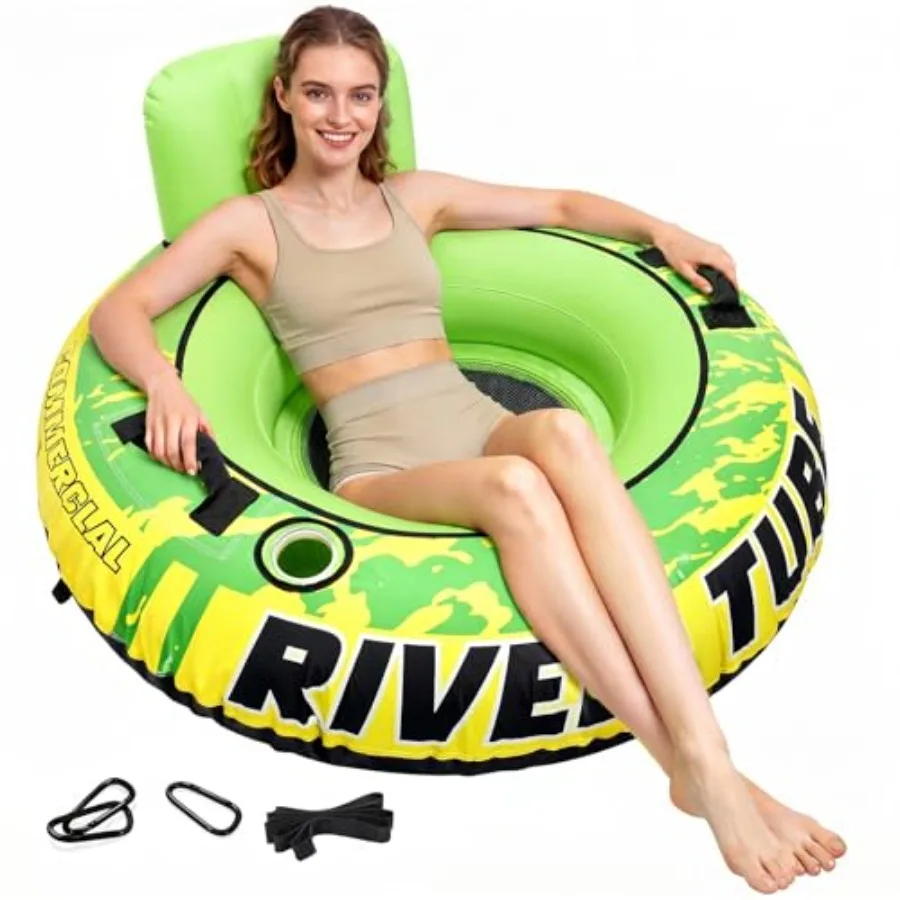 River tube for adults, heavy-duty PVC, blue, inflatable with backrest, cup holders, handles, and rope for comfort on river, lak