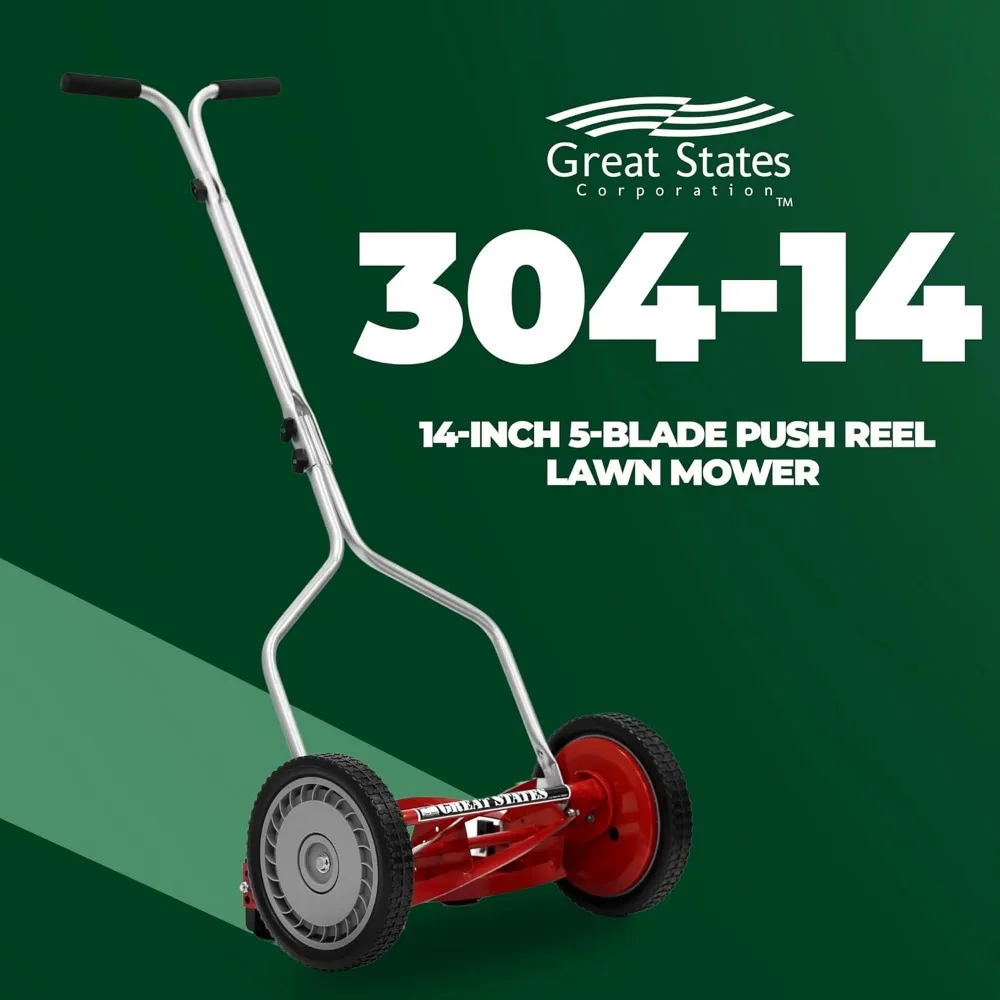 Great States 304-14 14-Inch 5-Blade Push Reel Lawn Mower, Red