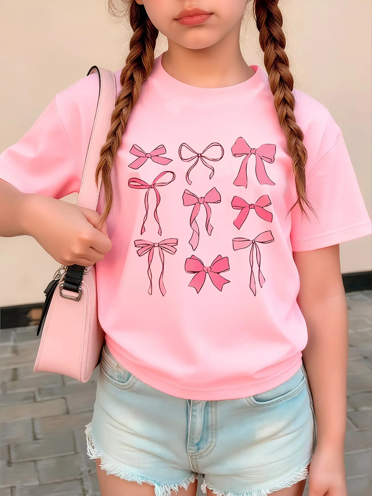 Grafisches T-Shirt mit rosa Farbschleifen-Aufdruck für Kinder, Jungen und Mädchen, Sommer, Frühling, lässiges Oberteil