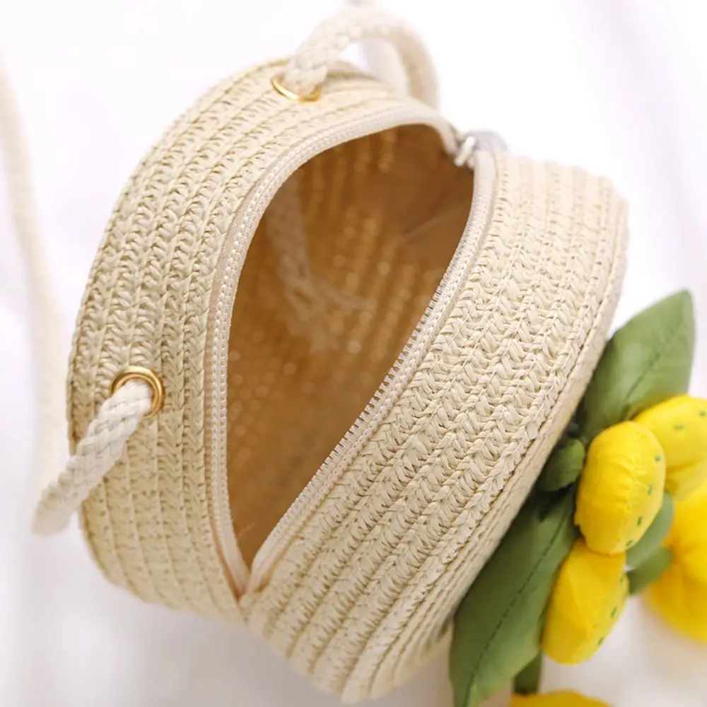 Girl Flower Straw Bag Cute Zipper Coin Purse Crossbody Handbag Handmade Woven Photo Props Kid Beach Bags