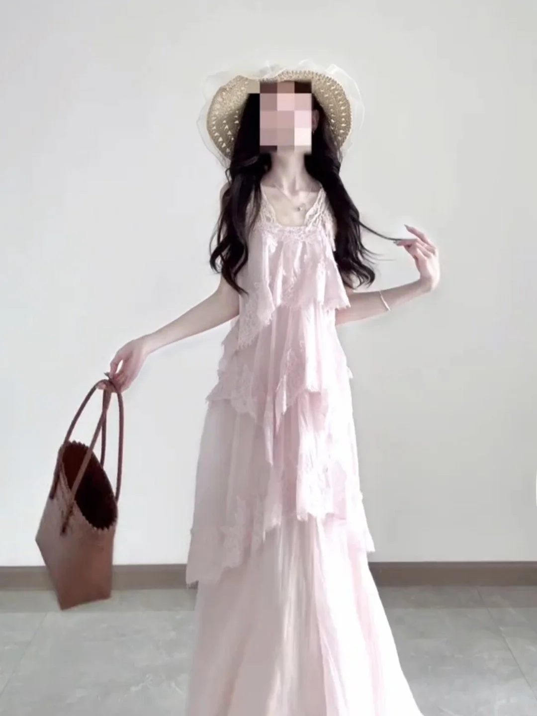 

Beachside Fairy Tale Puffy Sleeve Halter Dress Unique Beautiful Summer Women's Dress Lace High Waist Cotton Blend Gown