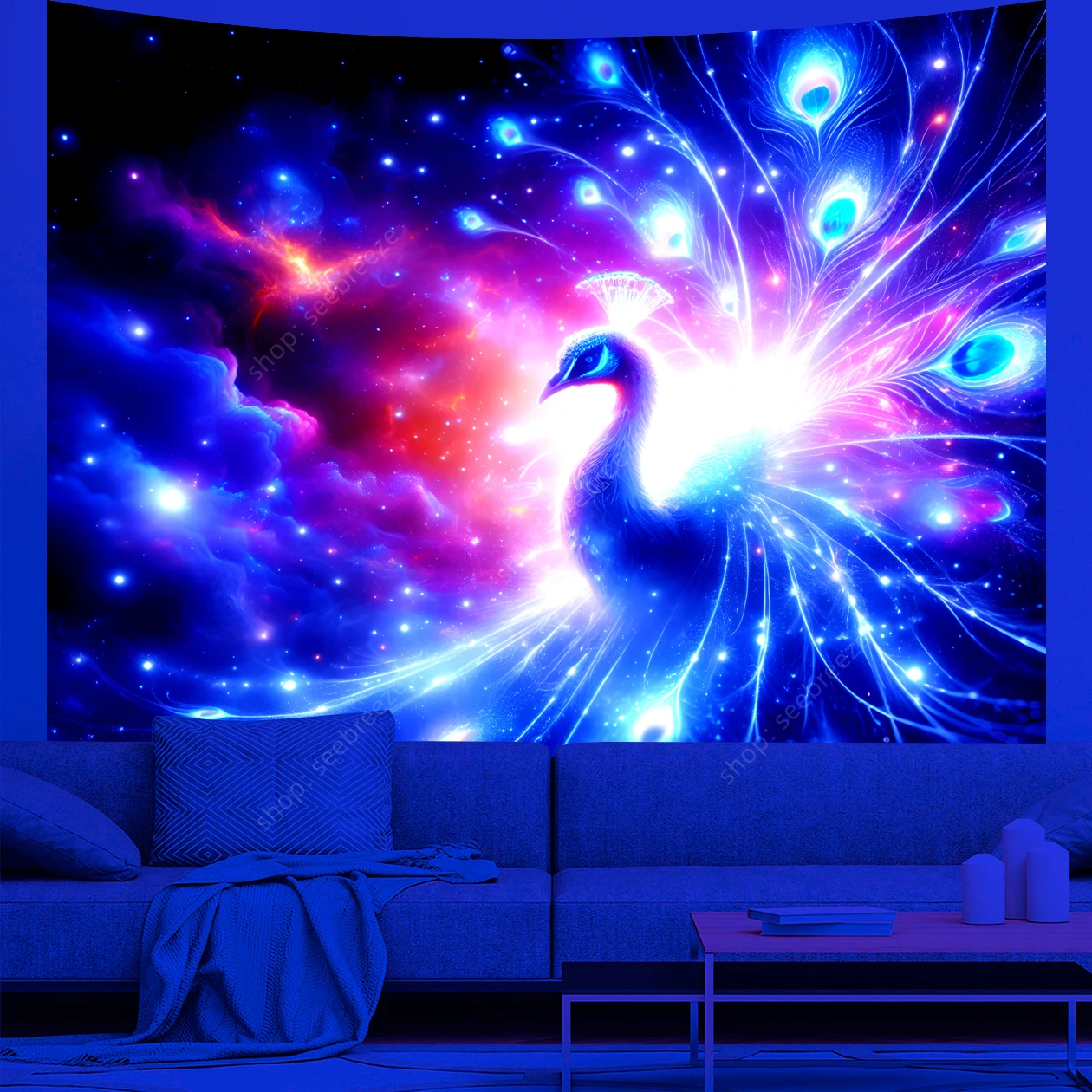 Animal UV Reactive Tapestry Psychedelic Elk phoenix peacock leopard bee polar bear Tapestry Hippie Bedroom Aesthetic Room Decor