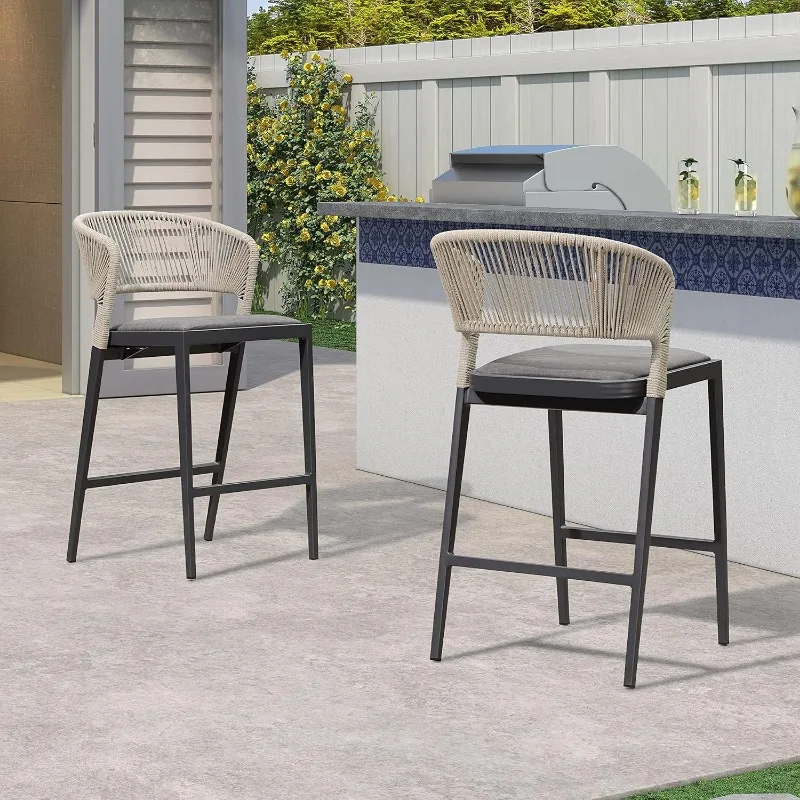 Alumínio Counter Altura Bar Stool, Pátio Rattan Stool, Barstool moderno, exterior e interior, conjunto de 4