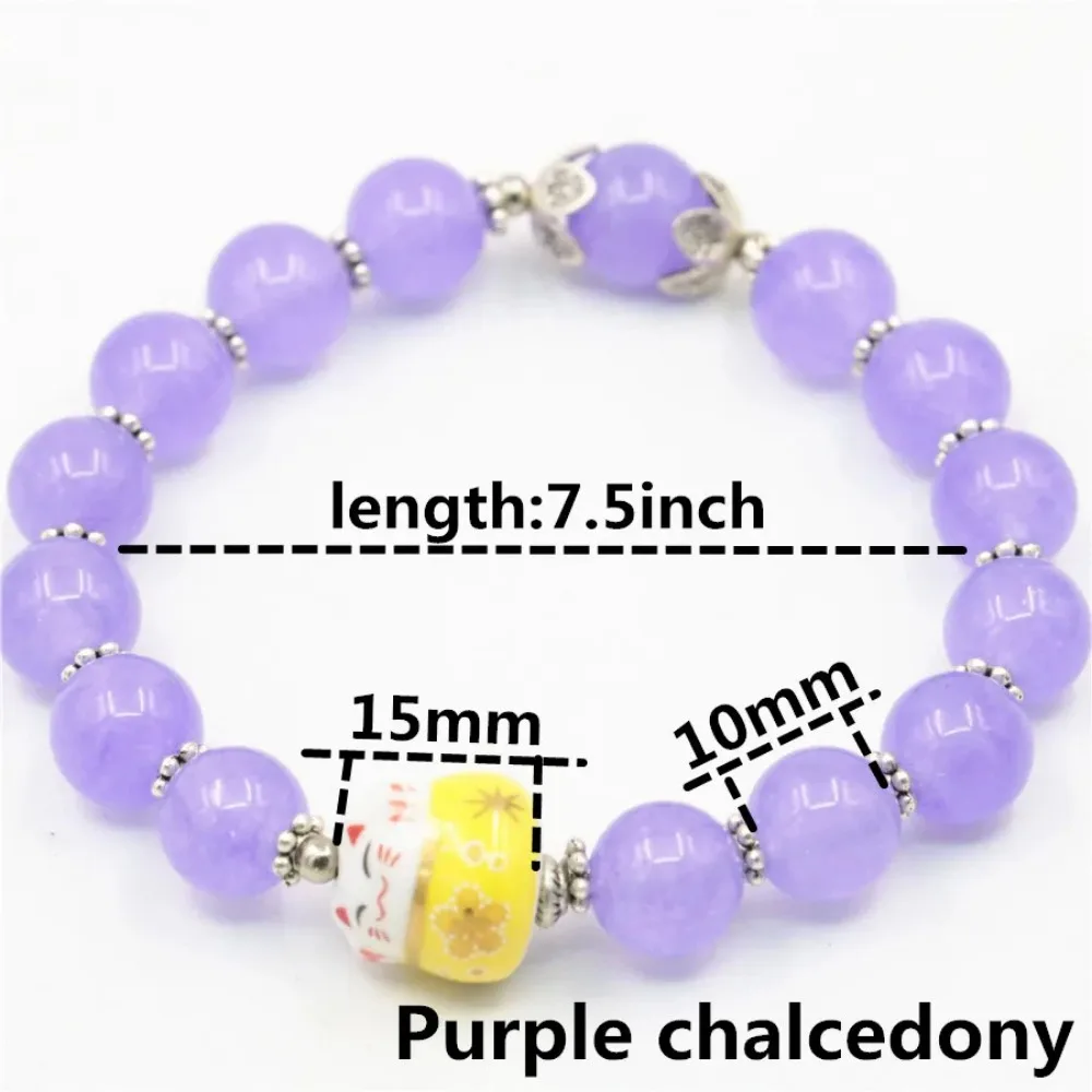 Fashion Pure 10mm Round Lavender Alexandrite Beads Bracelet Porcelain Cat Pendant Natural Stone Ladies DIY Jewelry Making Design