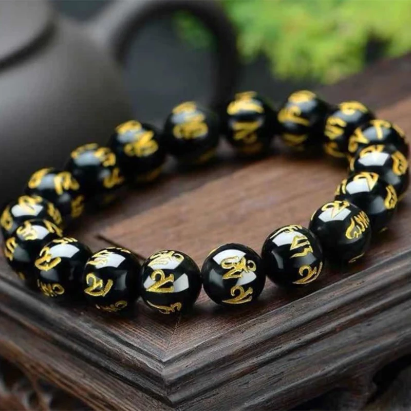 Buddyzm tybetański Sześć słów Mantra Bransoletki dla mężczyzn Kobiety Czarny obsydian Amulet Lucky Bangles Biżuteria z pudełkiem upominkowym